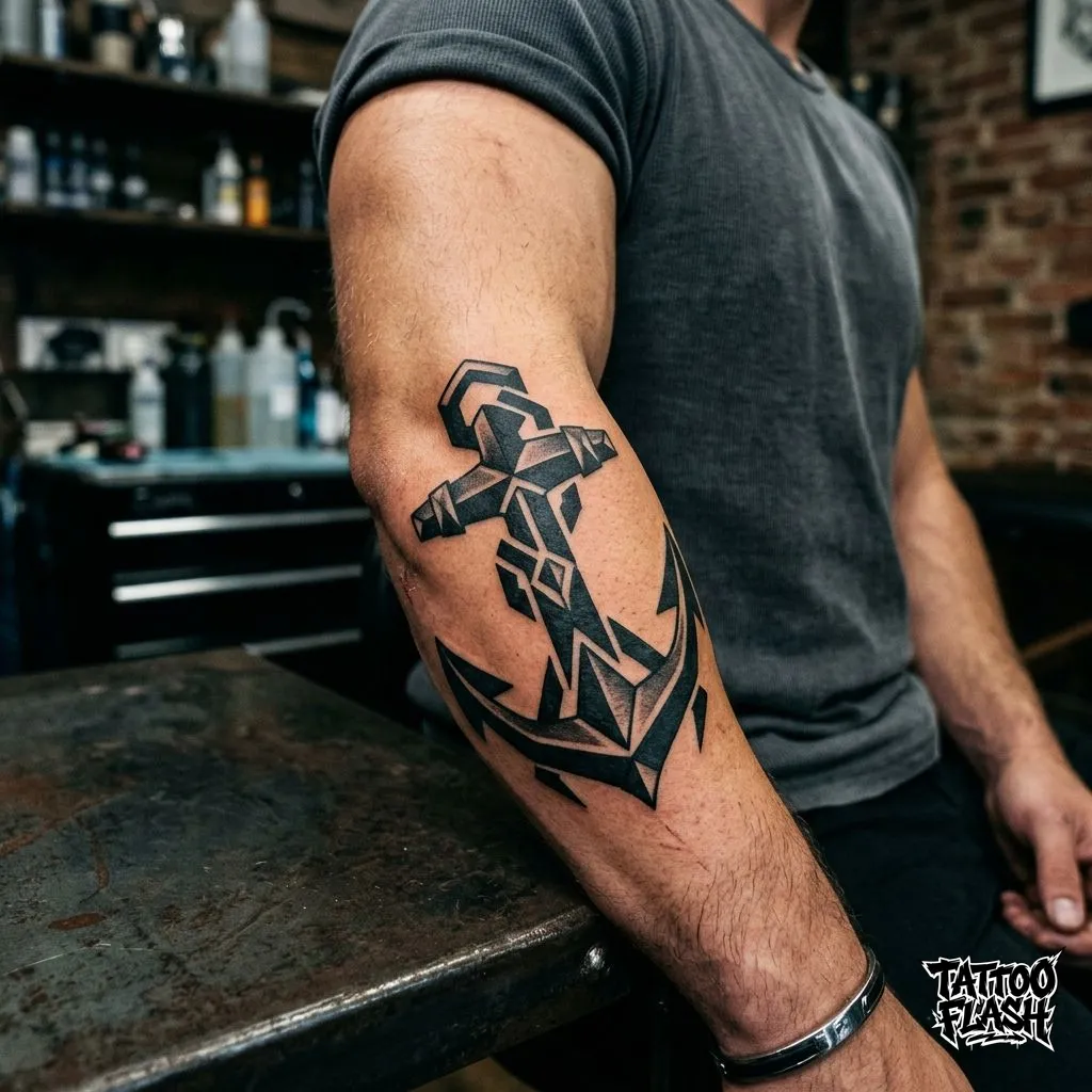A heavy geometric blackwork tattoo of an anchor on the forearm, utilizing sharp edges and solid black ink.