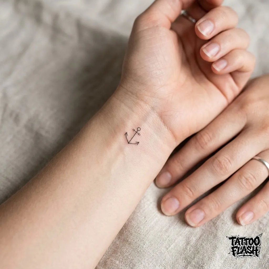 A tiny minimalist fine-line anchor tattoo delicately placed on the inner wrist for a subtle nautical nod.