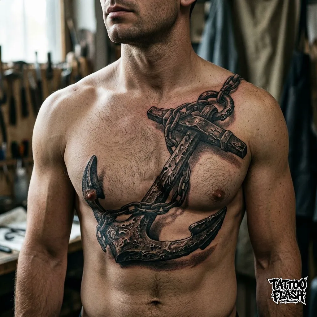 A stunning hyper-realism black and grey tattoo of a heavy rusted iron ship anchor sitting massive on the chest.