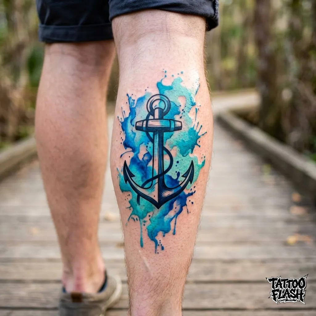 A creative abstract watercolor tattoo of an anchor on the calf, featuring fluid splashes of blue and cyan ink.
