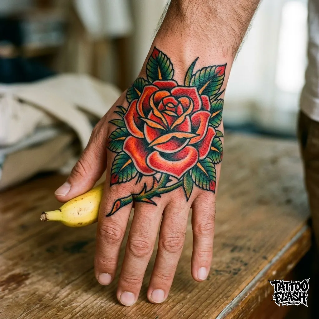 Traditional Rose Hand Tattoo