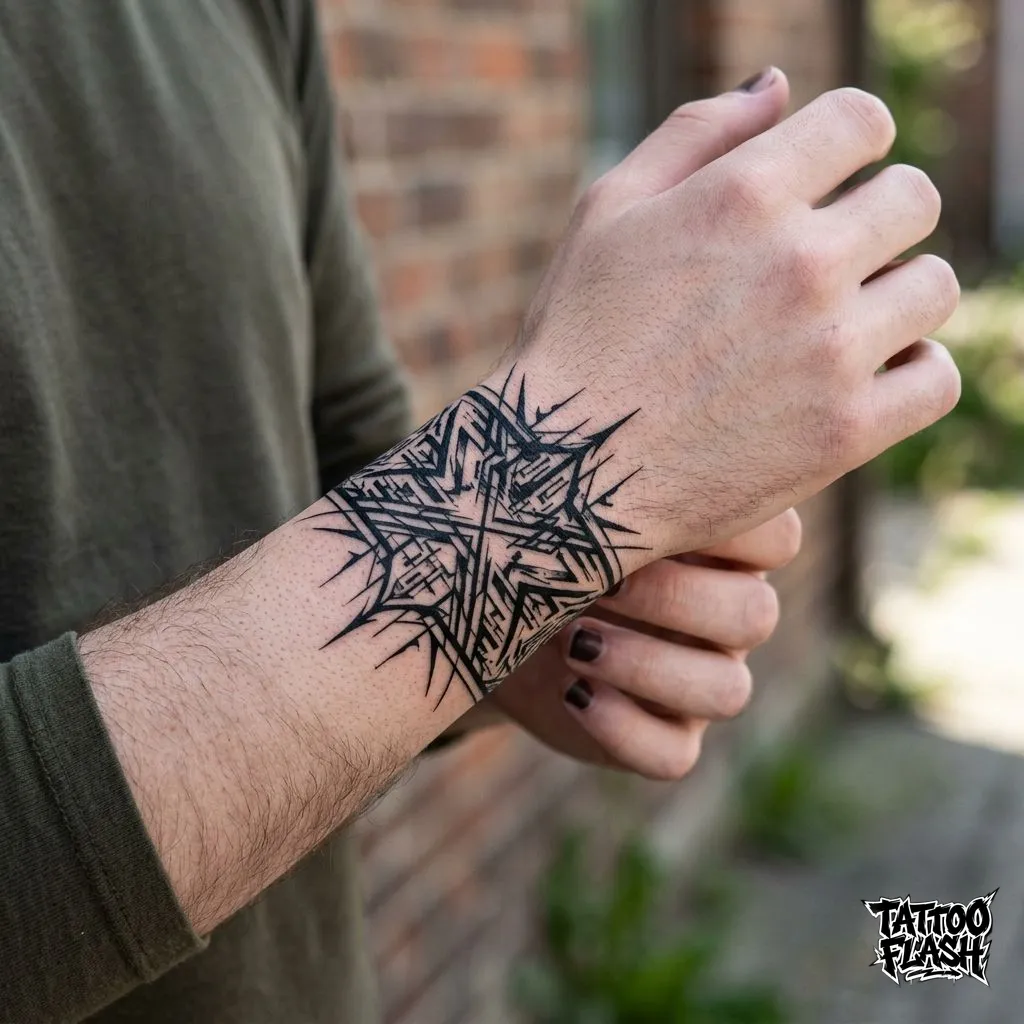 A sharp cyber-sigilism blackwork tattoo wrapping around the wrist, using ultra-thin intersecting lines popular in modern Y2K revivals.