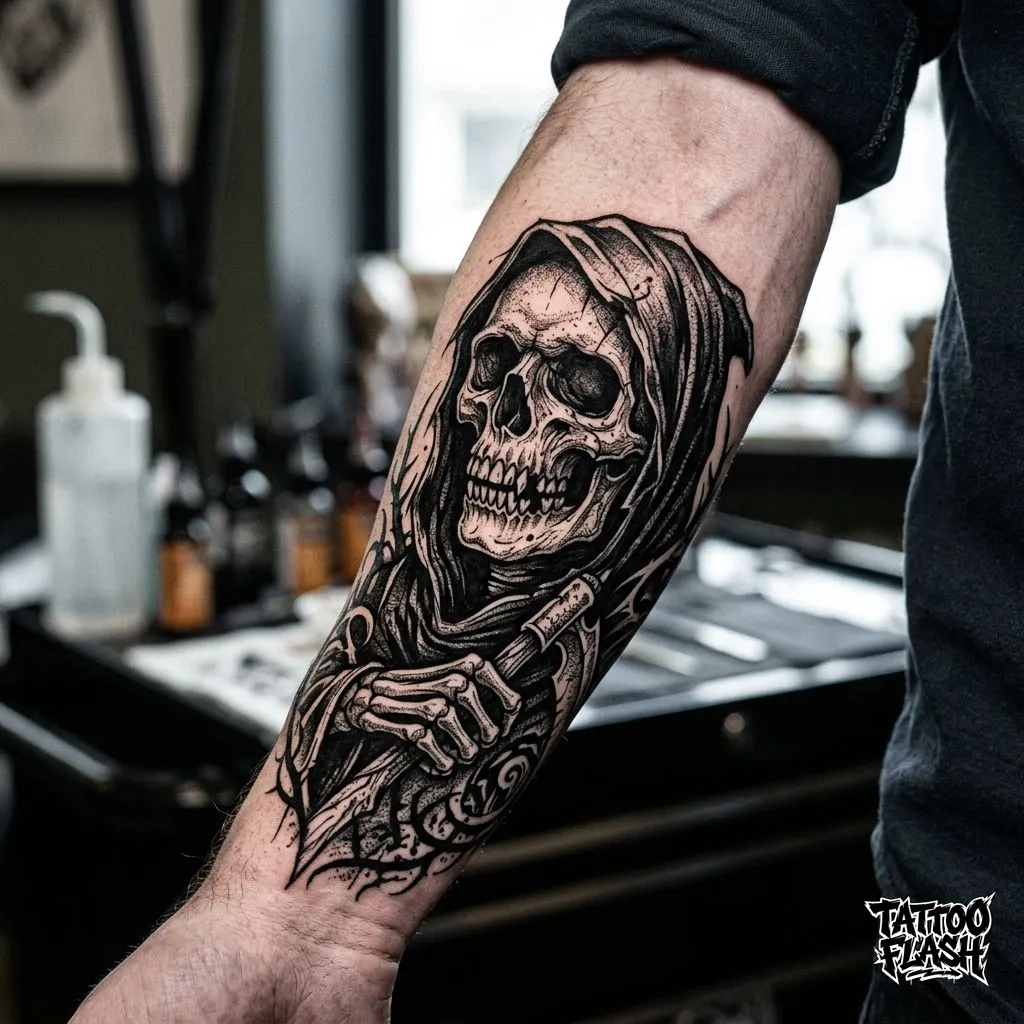 A dark art illustrative blackwork tattoo of a grim reaper skull on the forearm, heavily utilizing stark black shading to create a macabre aesthetic.