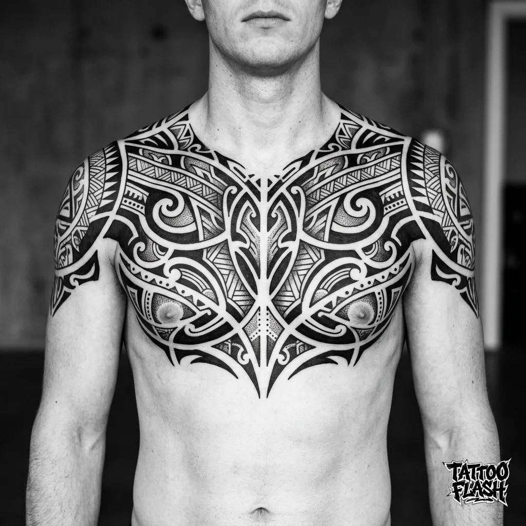 A heavy tribal and geometric blackwork tattoo fully covering the chest, utilizing high contrast solid black ink against pale human skin.