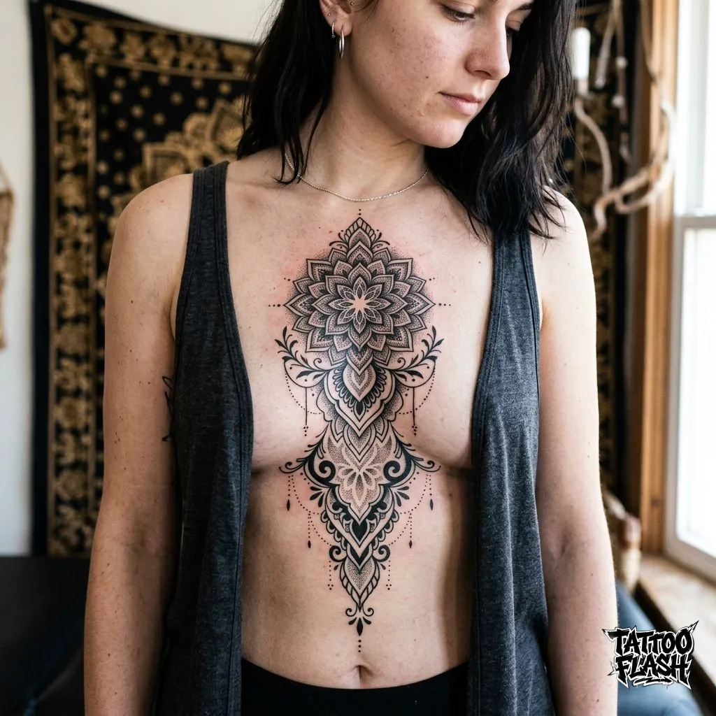 An intricate ornamental blackwork mandala tattoo stretching down the sternum, mixing delicate dot-work with aggressive solid black shapes.