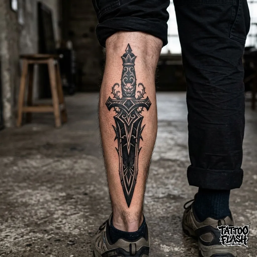 A heavy dark art blackwork dagger tattoo on the calf, demonstrating intense black saturation and gothic geometry.