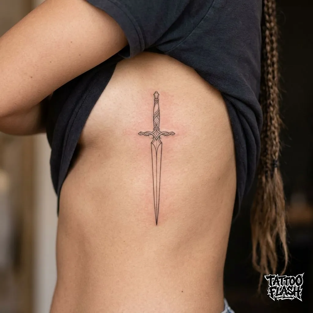 An extremely delicate fine-line dagger tattoo perfectly resting straight along the human ribs.