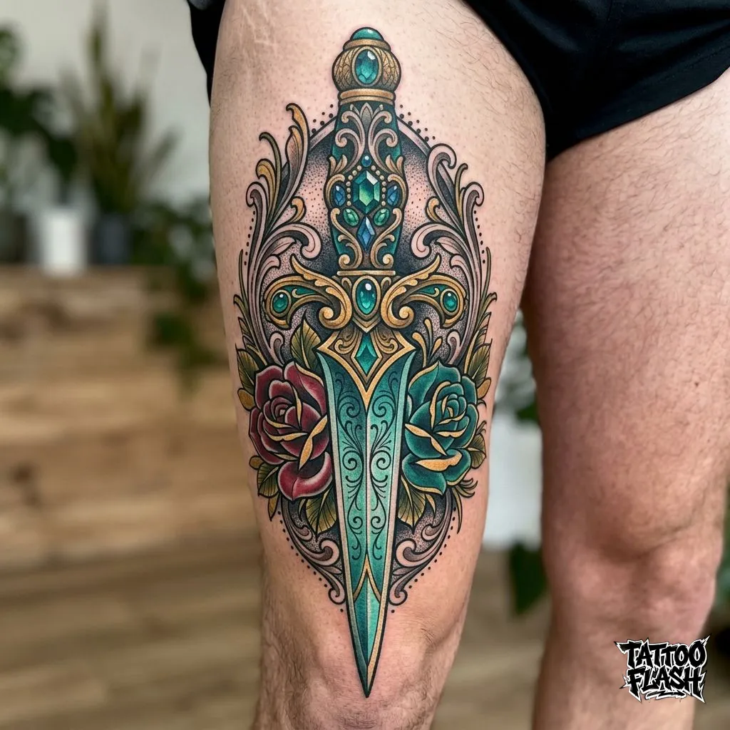A stunning neo-traditional dagger tattoo on the thigh featuring an ornate jeweled handle and vibrant teal coloring.