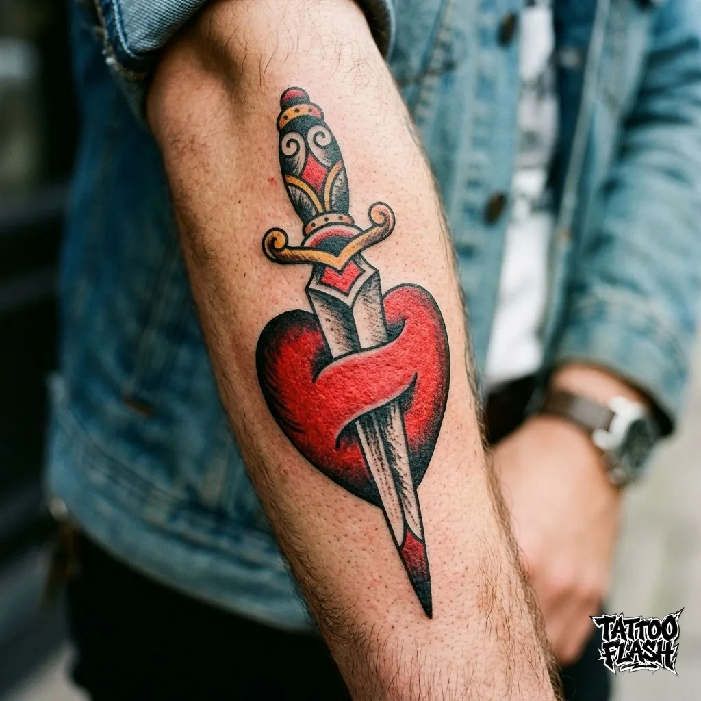 A classic american traditional dagger piercing a heavy red heart tattooed on the forearm, a historic symbol of betrayal.