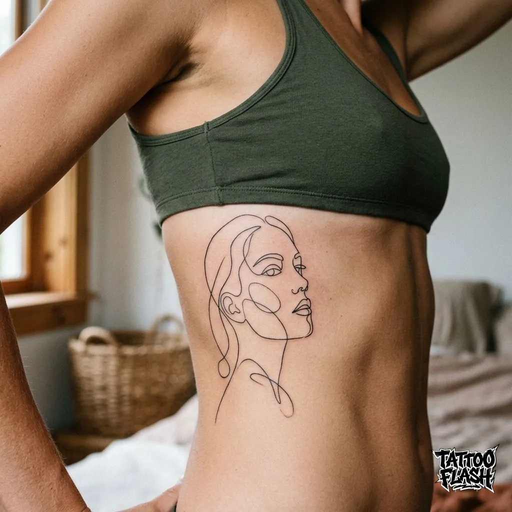 A delicate fine-line abstract continuous line art face tattooed effortlessly on the ribcage.