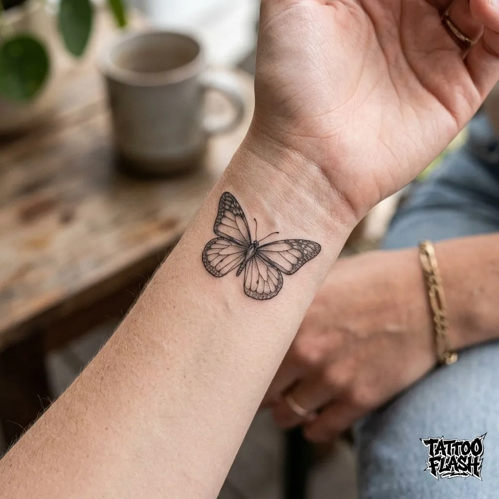 A flawless micro-realism fine-line butterfly tattoo sitting delicately on the human wrist.
