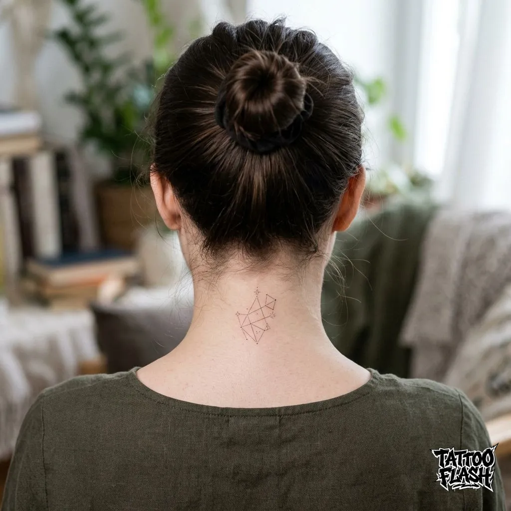 A tiny minimalist fine-line geometrical constellation tattooed beautifully on the nape of the neck.