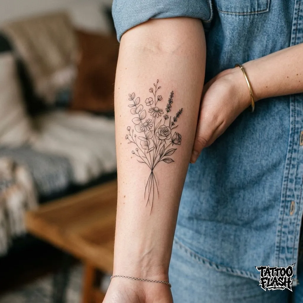A delicate single-needle fine-line floral bouquet tattoo beautifully centered on the inner forearm.