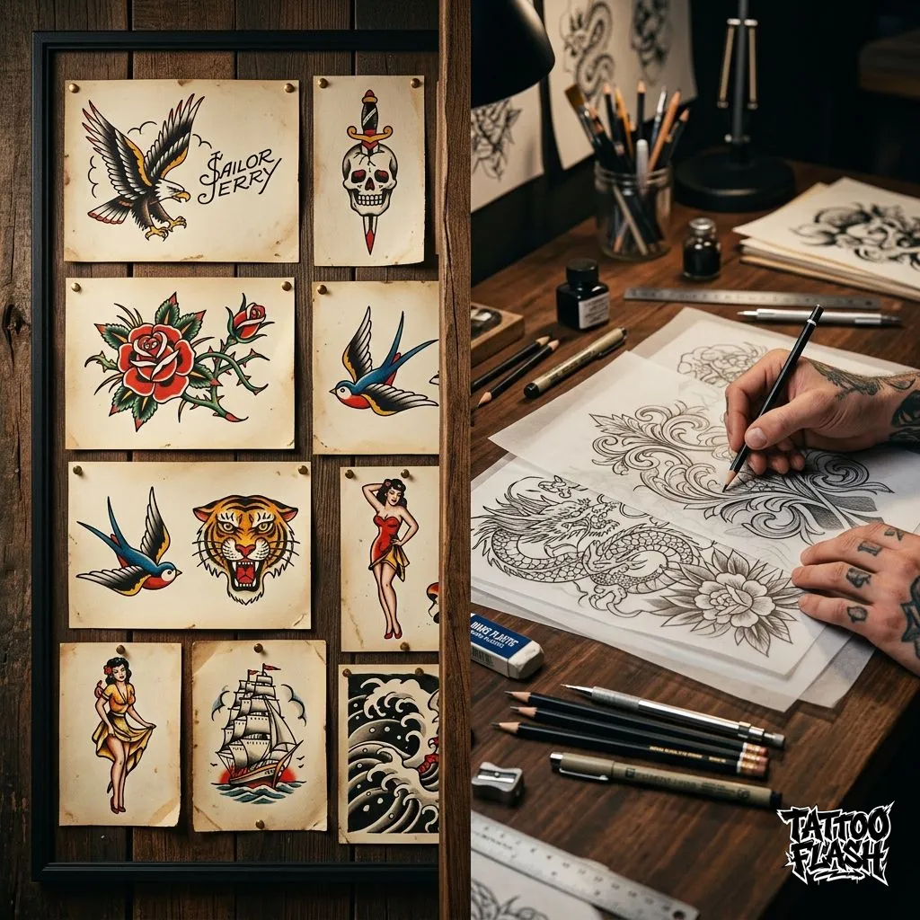 Comparison between tattoo flash sheets and a custom tattoo sketch process in a clean studio setting.