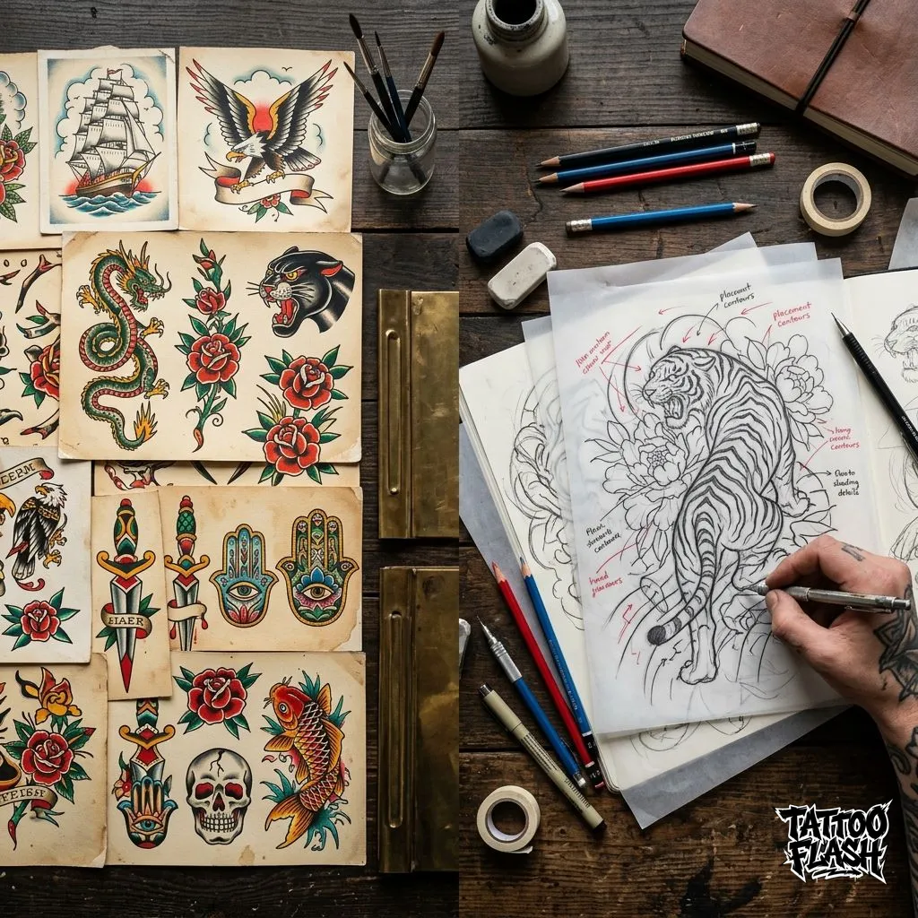 Desk composition showing standard tattoo flash reference sheets beside an active custom tattoo tracing and design workflow.