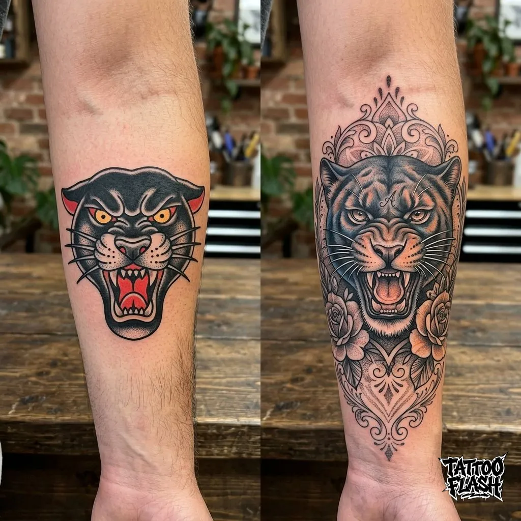 Direct body placement comparison between a standard bold traditional flash panther and a highly detailed, personalized custom panther adaptation.