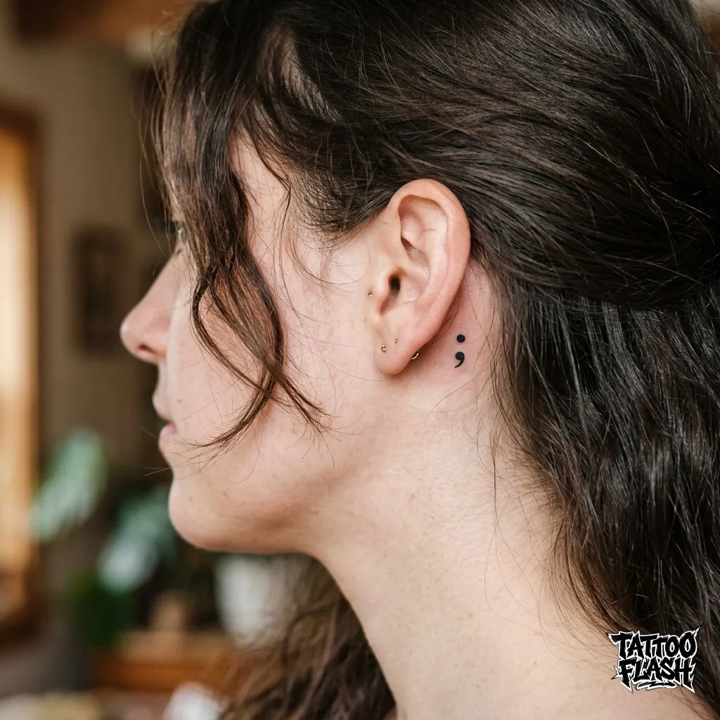 A very subtle, tiny black ink semicolon tattooed neatly tucked directly behind the human ear for personal reflection.