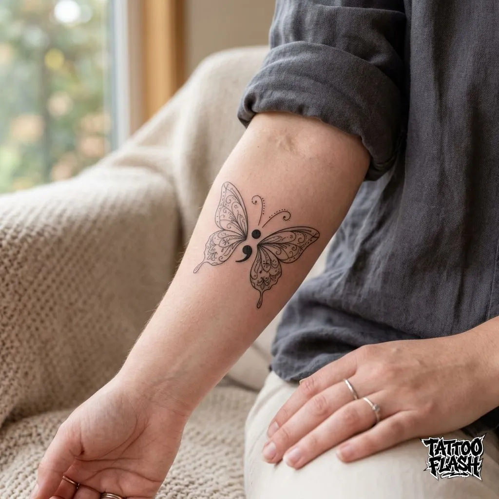 A delicate fine-line butterfly tattoo on the forearm where the central body is cleverly formed by a semicolon.