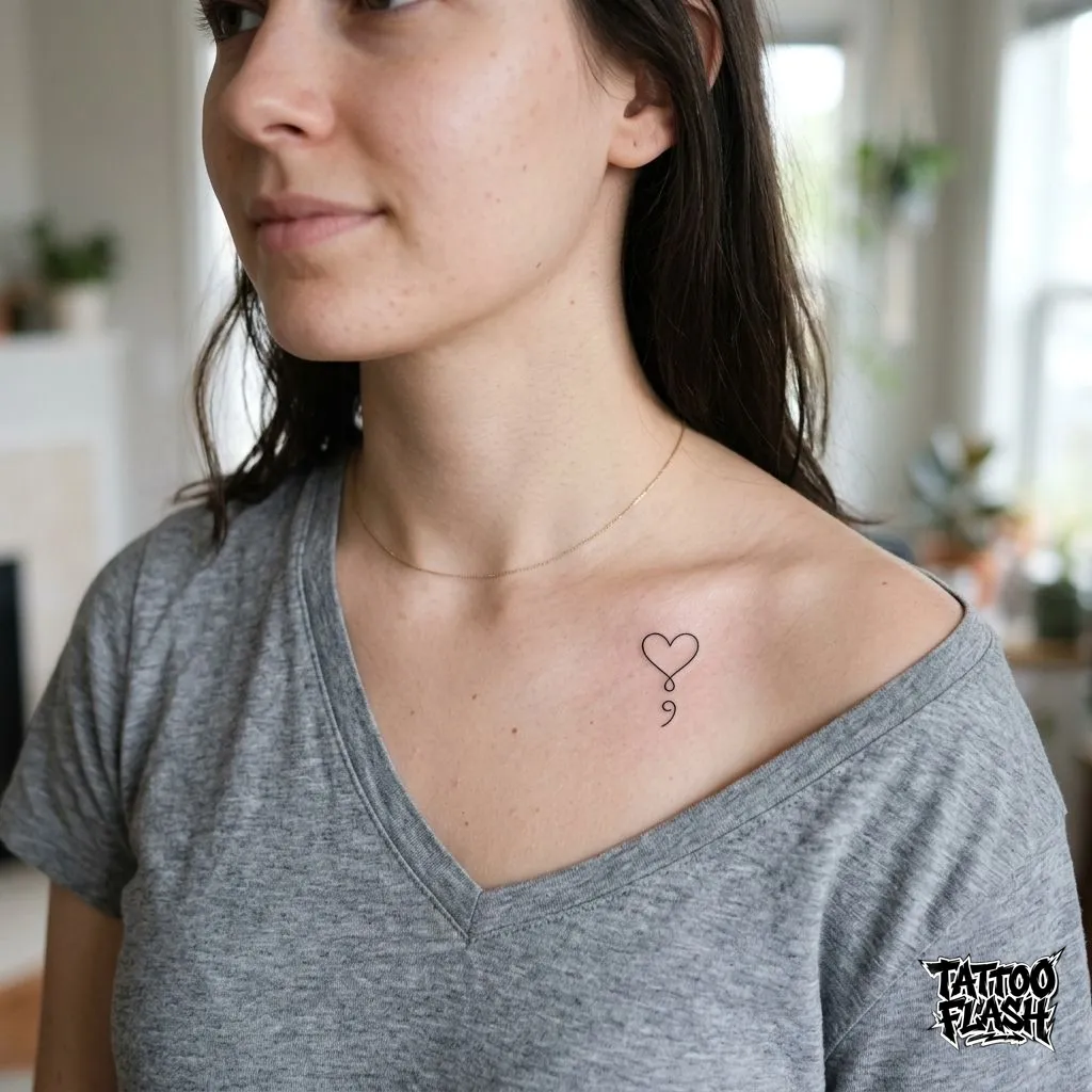 A tiny continuous line art heart tattoo on the collarbone where the bottom point gracefully curves into a semicolon.