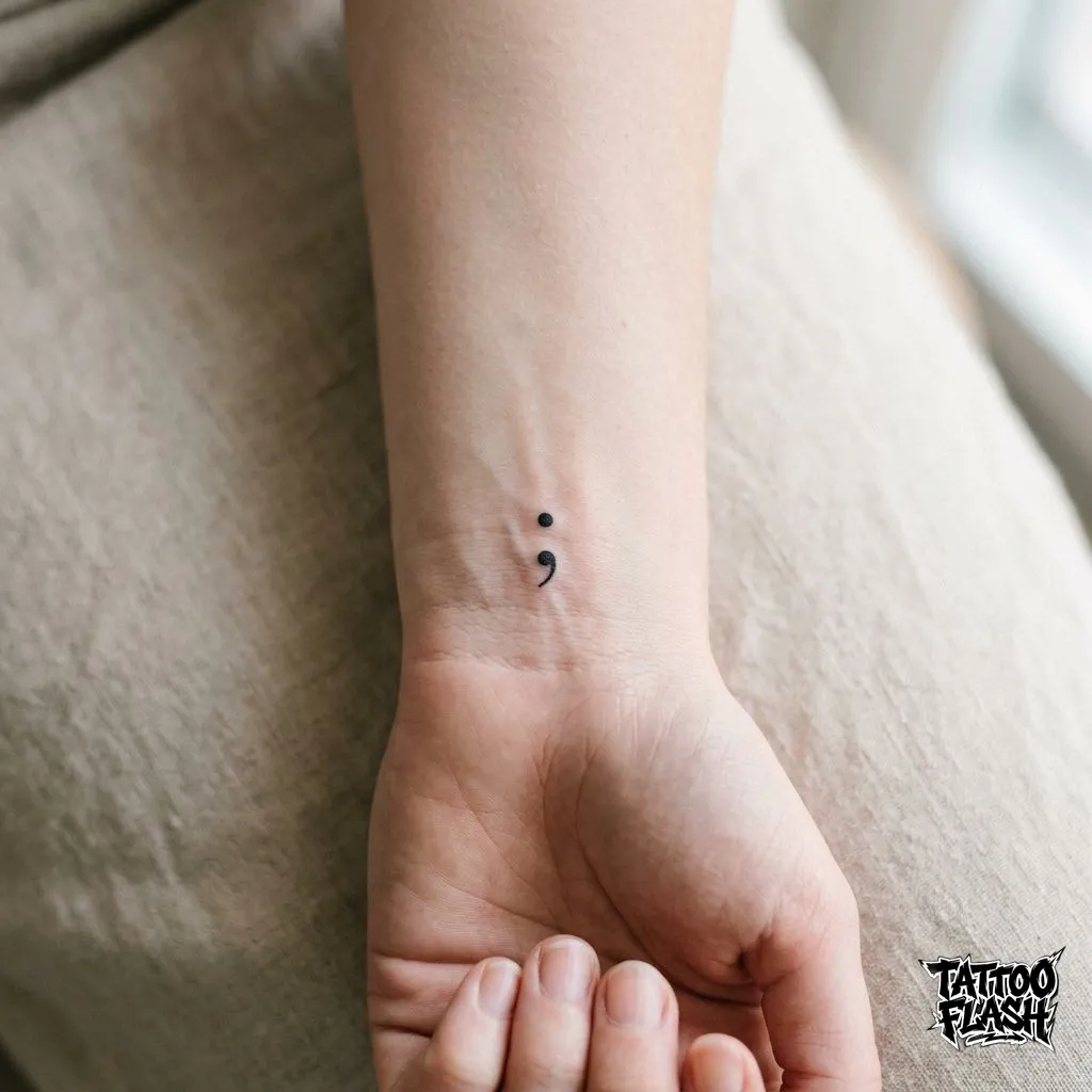 A simple minimalist fine-line semicolon tattoo perfectly centered on the human wrist, a powerful symbol of mental health awareness.