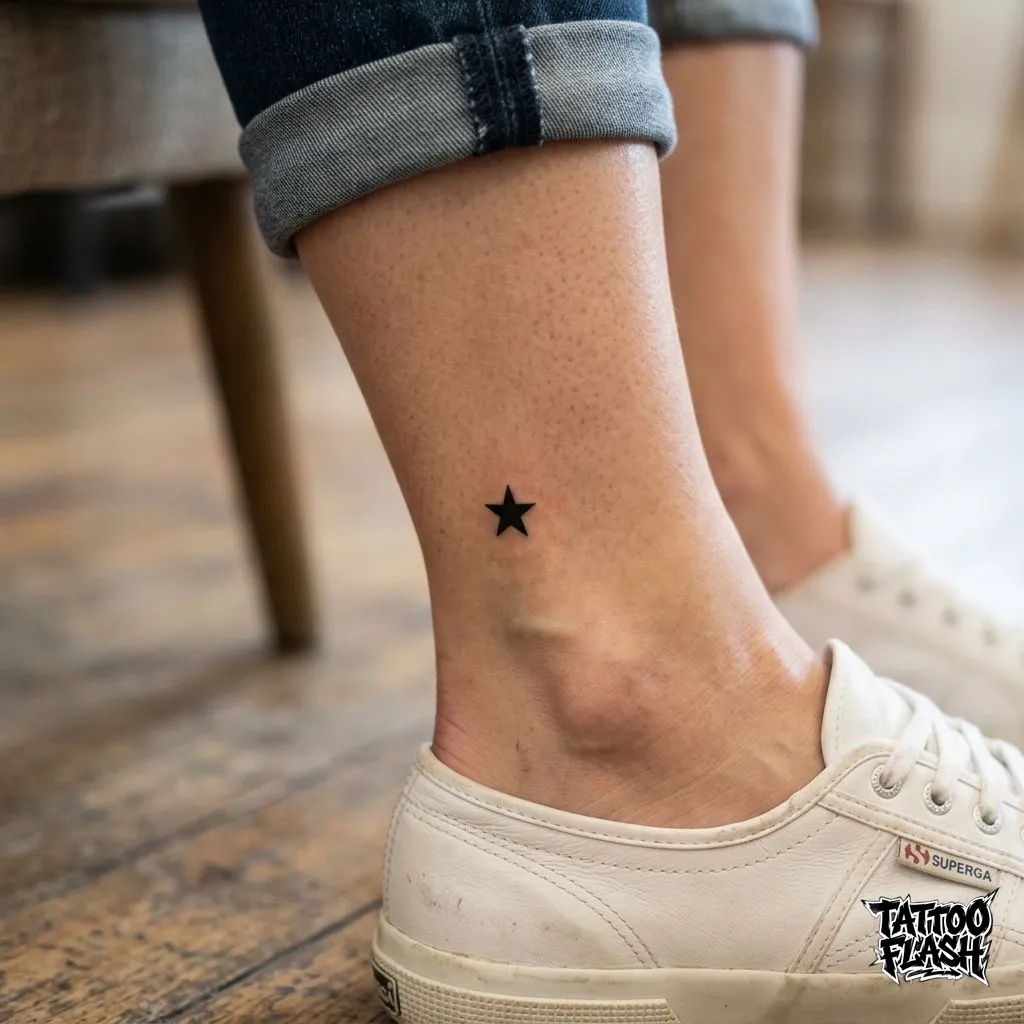 Tiny Minimalist Black Star Ankle Tattoo