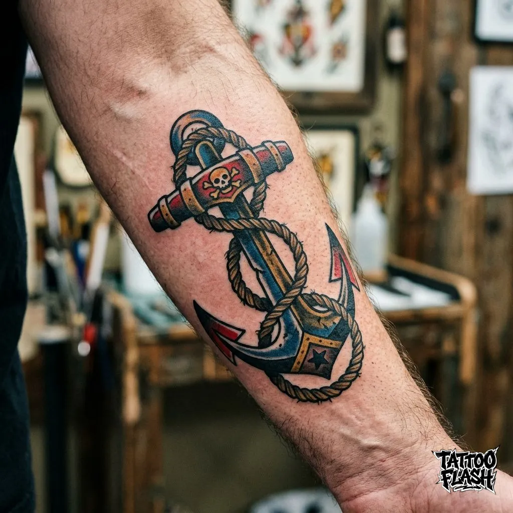 A classic american traditional dirty anchor wrapped in heavy rope tattooed on the human forearm.