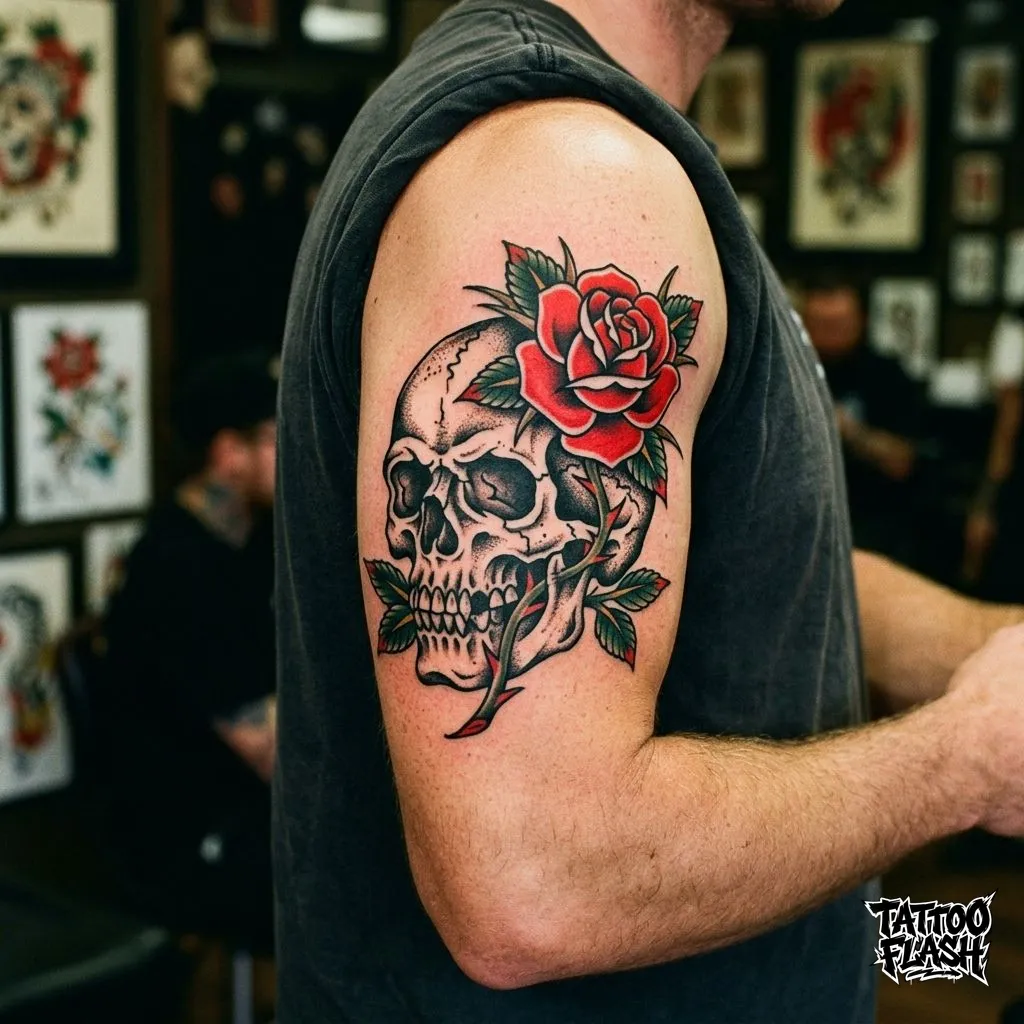 A classic american traditional tattoo depicting a skull interlocked with a bright red rose on a human bicep.