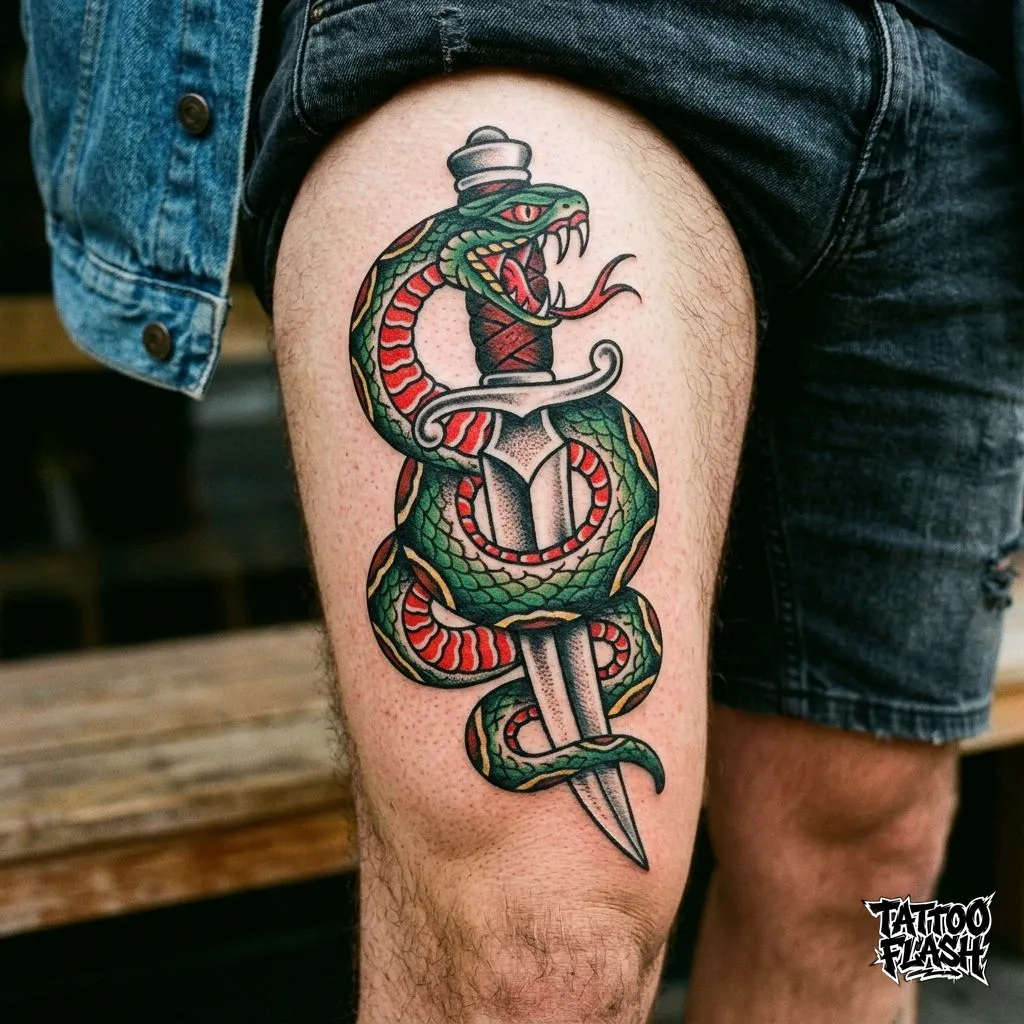 A classic american traditional green snake tightly wrapping around a silver dagger on a human thigh.