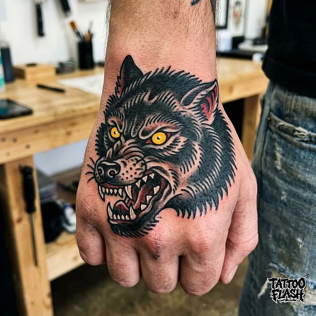 A classic american traditional wolf head showing its teeth, tattooed boldly on the back of the hand.