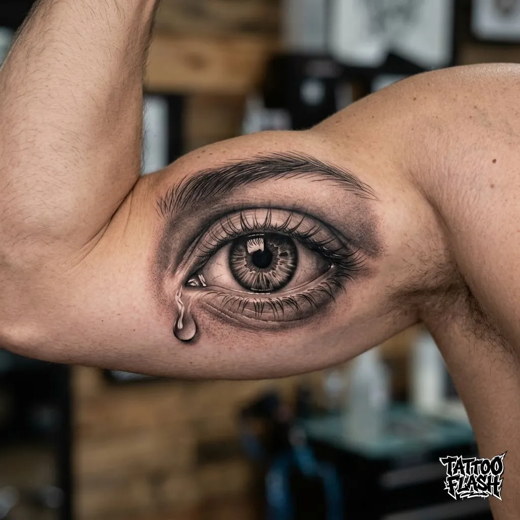 A stunning micro-realism tattoo of a crying human eye, demonstrating intense detail packed into a small bicep placement.