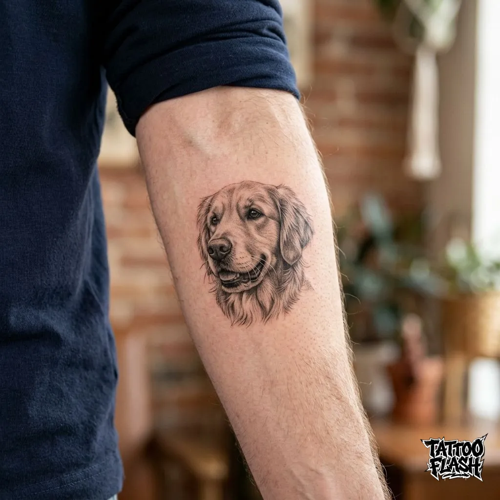 A flawless micro-realism black and grey tattoo of a golden retriever dog portrait on the inner forearm.