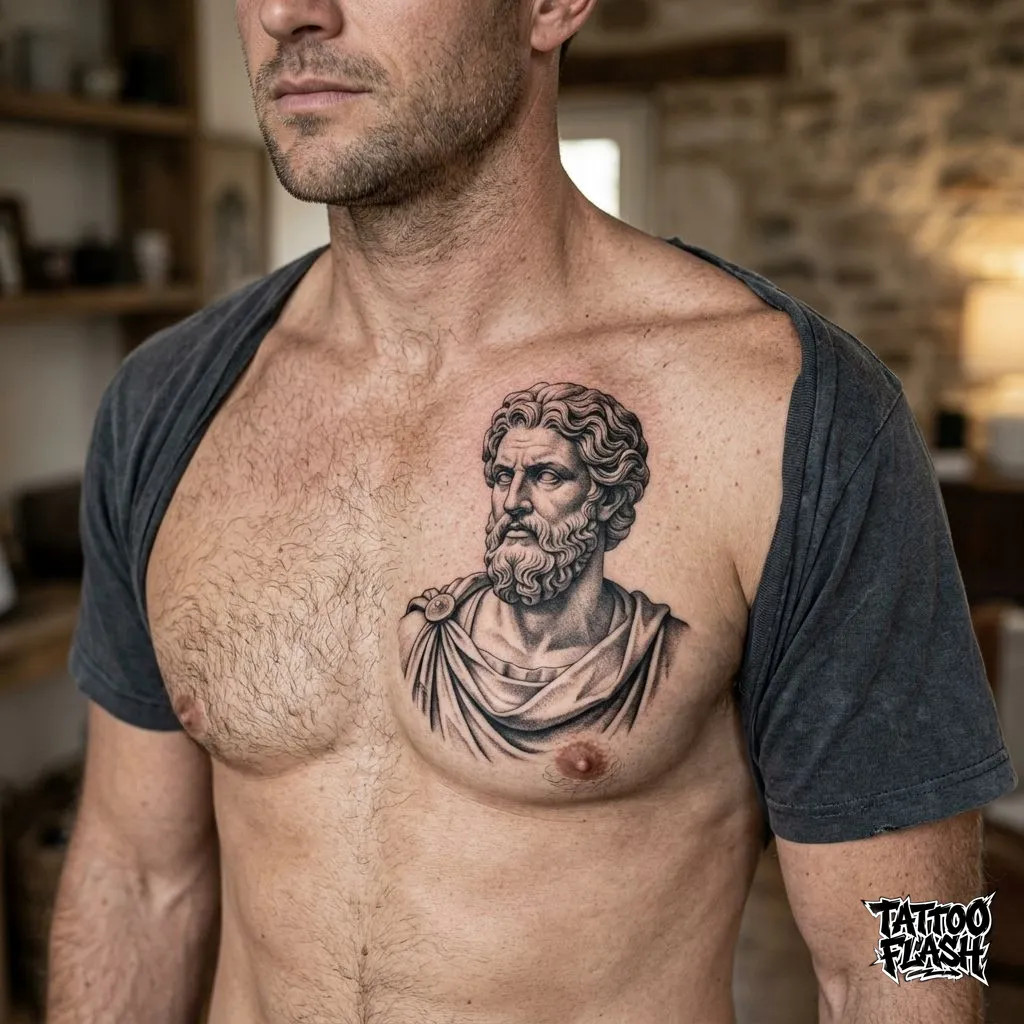 A flawless micro-realism black and grey classical greek marble bust statue tattoo placed perfectly on the upper chest.