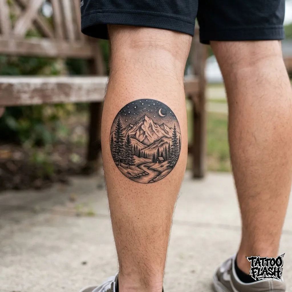 A tiny, highly detailed micro-realism mountain and pine tree landscape night scene neatly enclosed within a geometric circle on the calf.