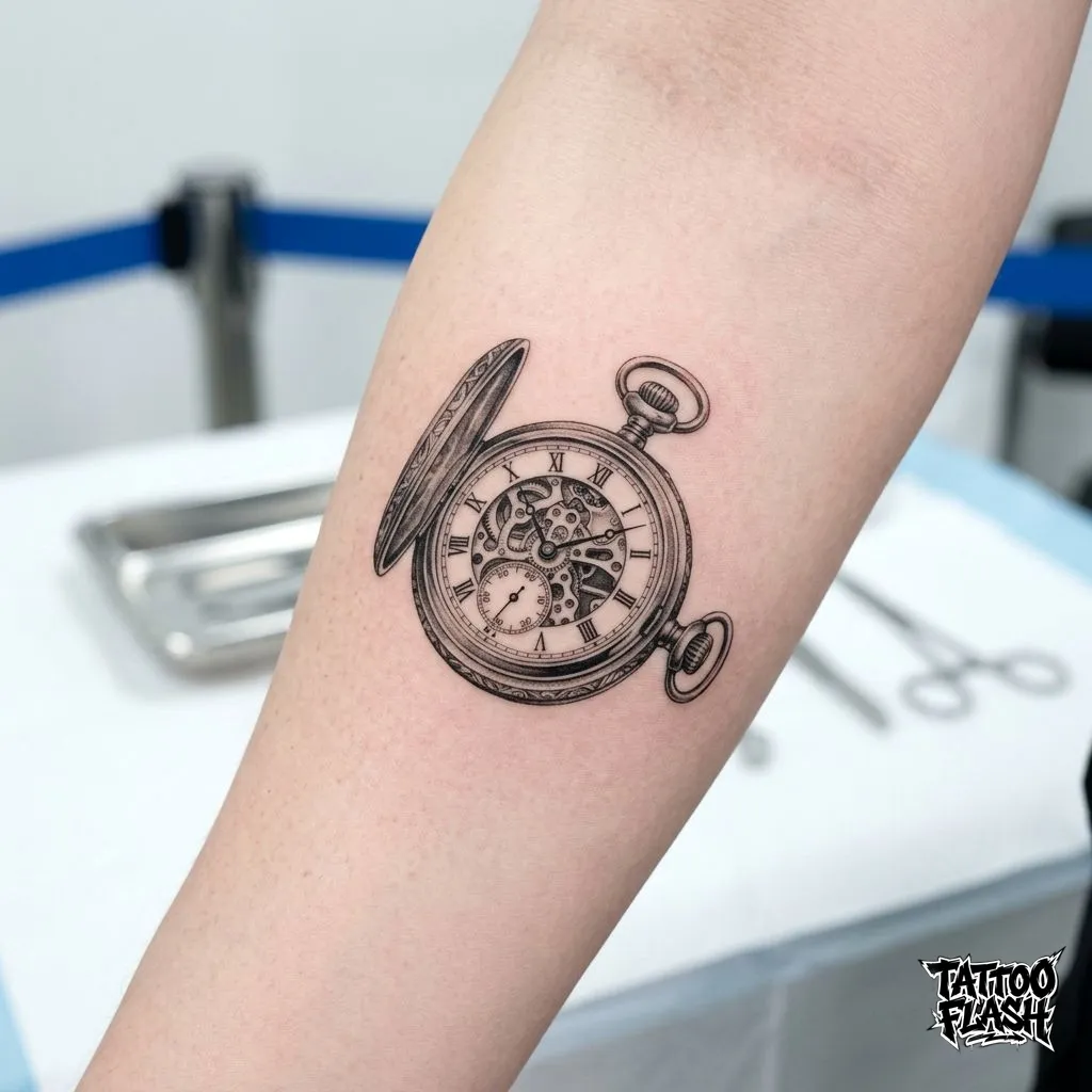 Intricate Micro Realism Pocket Watch Tattoo