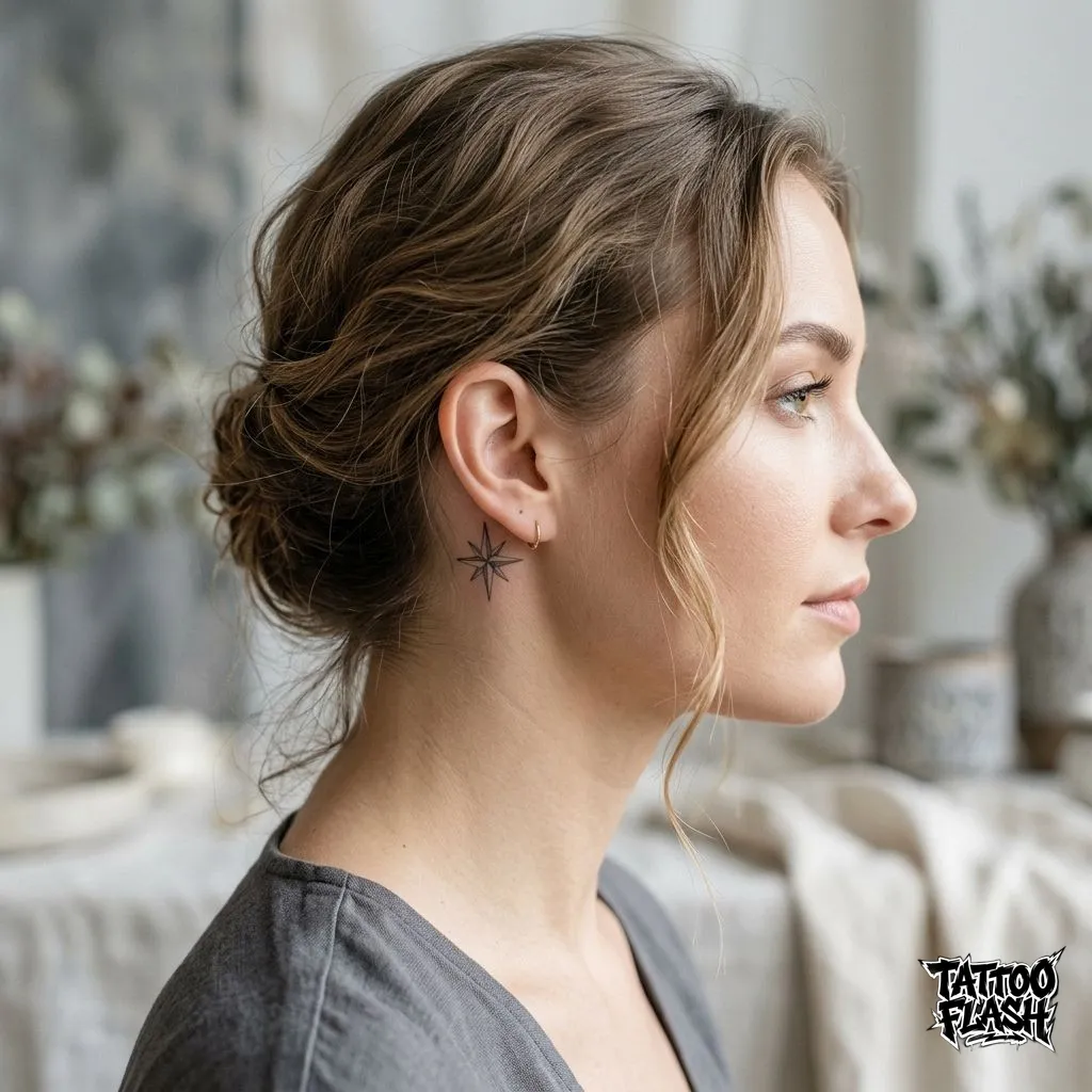 A delicate, thin-line modern adaptation of the classic sailor star placed subtly behind the ear.