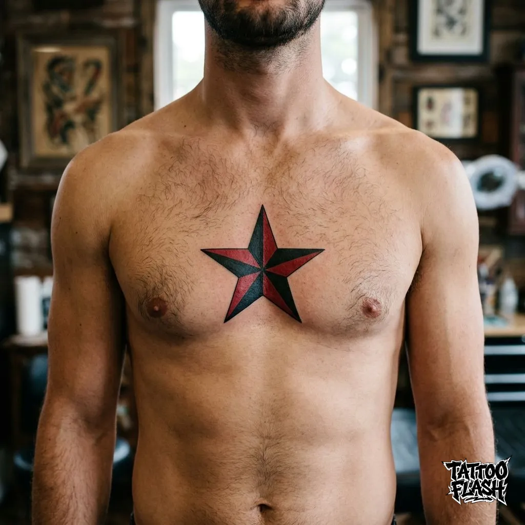 A classic bold black and red nautical star tattoo placed perfectly symmetrically on the center of the chest.