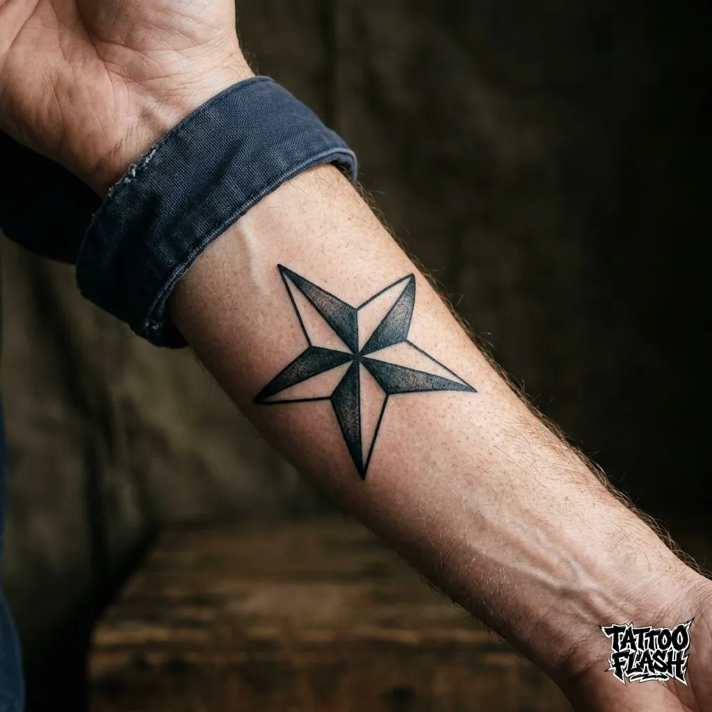 A close-up shot of an American Traditional nautical star tattoo featuring heavy black shading and striking negative space on the forearm.