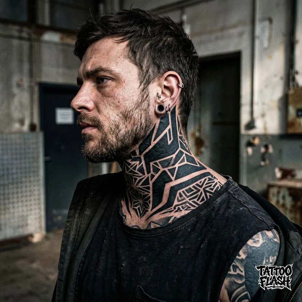 A heavy solid blackwork geometric tattoo wrapping around the side of a human neck, representing maximum pain threshold.