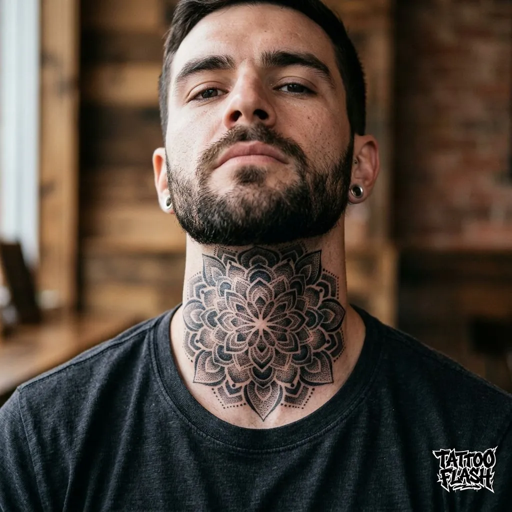 A dark geometric mandala dot-work tattoo perfectly symmetrical under the chin and on the front of the human neck.