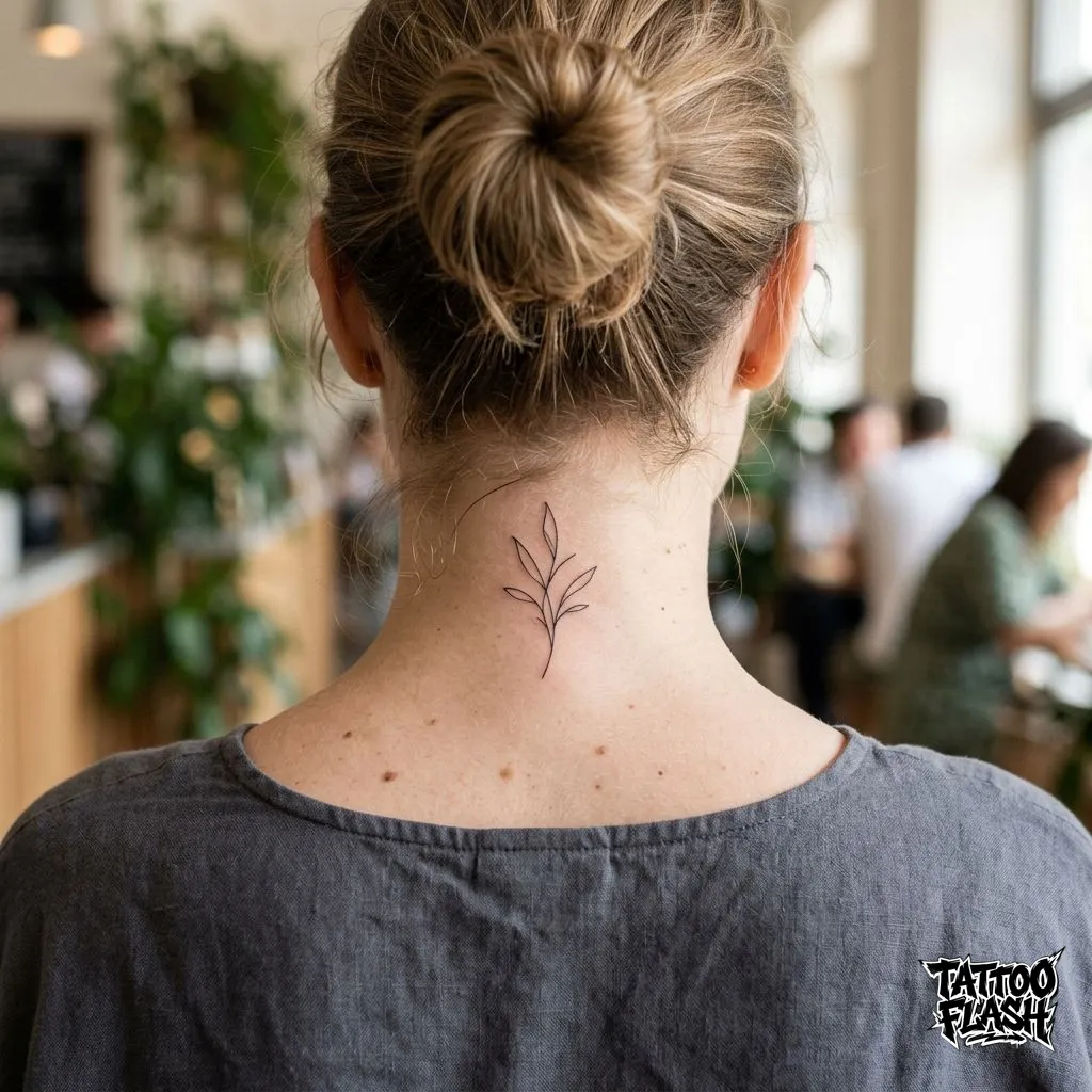 A delicate fine-line abstract botanical tattooed on the back of a human neck, a relatively low-pain alternative to throat placement.