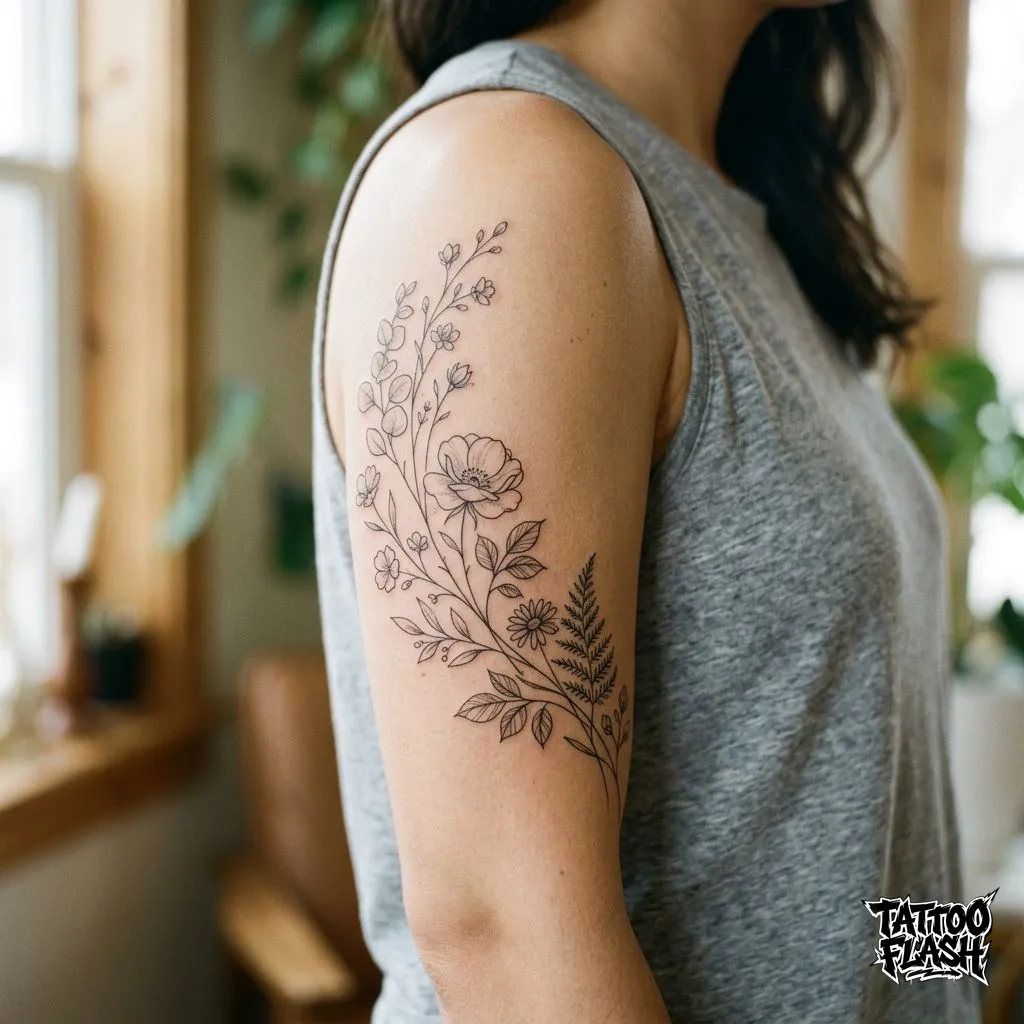 A delicate high-quality fine-line floral tattoo on a human inner bicep, highlighting one of the least painful tattoo locations.