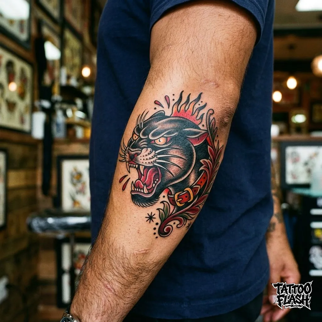 A classic american traditional panther head tattoo on the outer forearm, an ideal placement for a first tattoo with low pain.