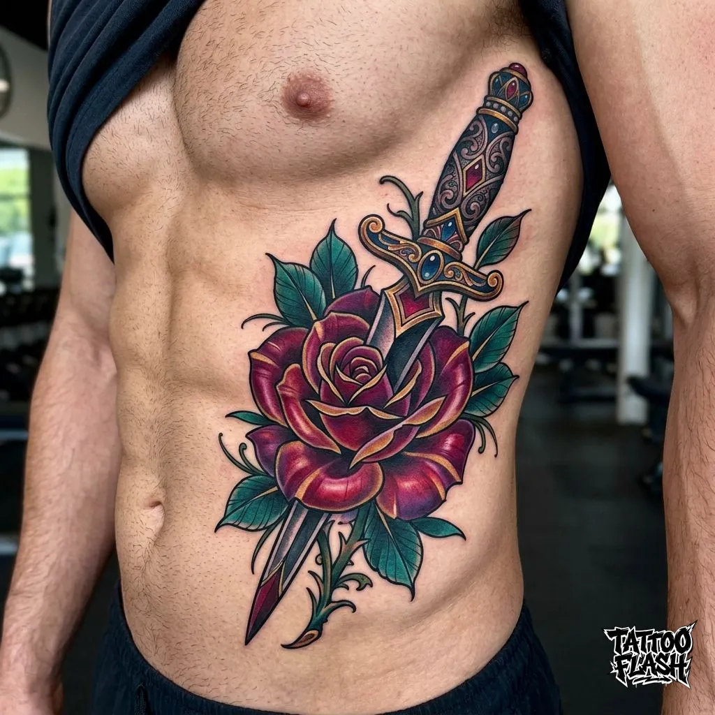 A neo-traditional dagger piercing a rose tattoo located on the human ribs, illustrating a notoriously high-pain canvas.