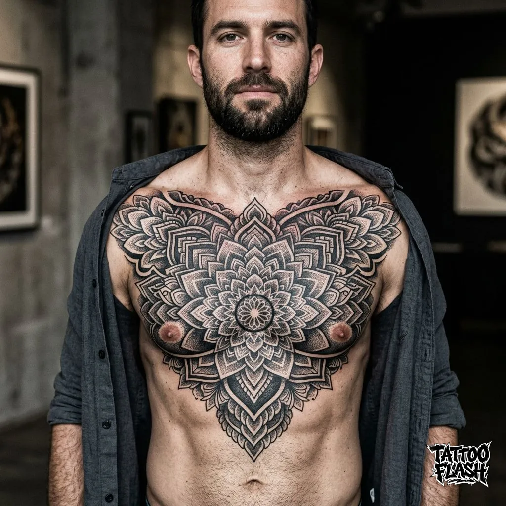 A massive dark blackwork geometric mandala tattoo perfectly positioned on the human sternum and chest, a zone known for severe pain levels.