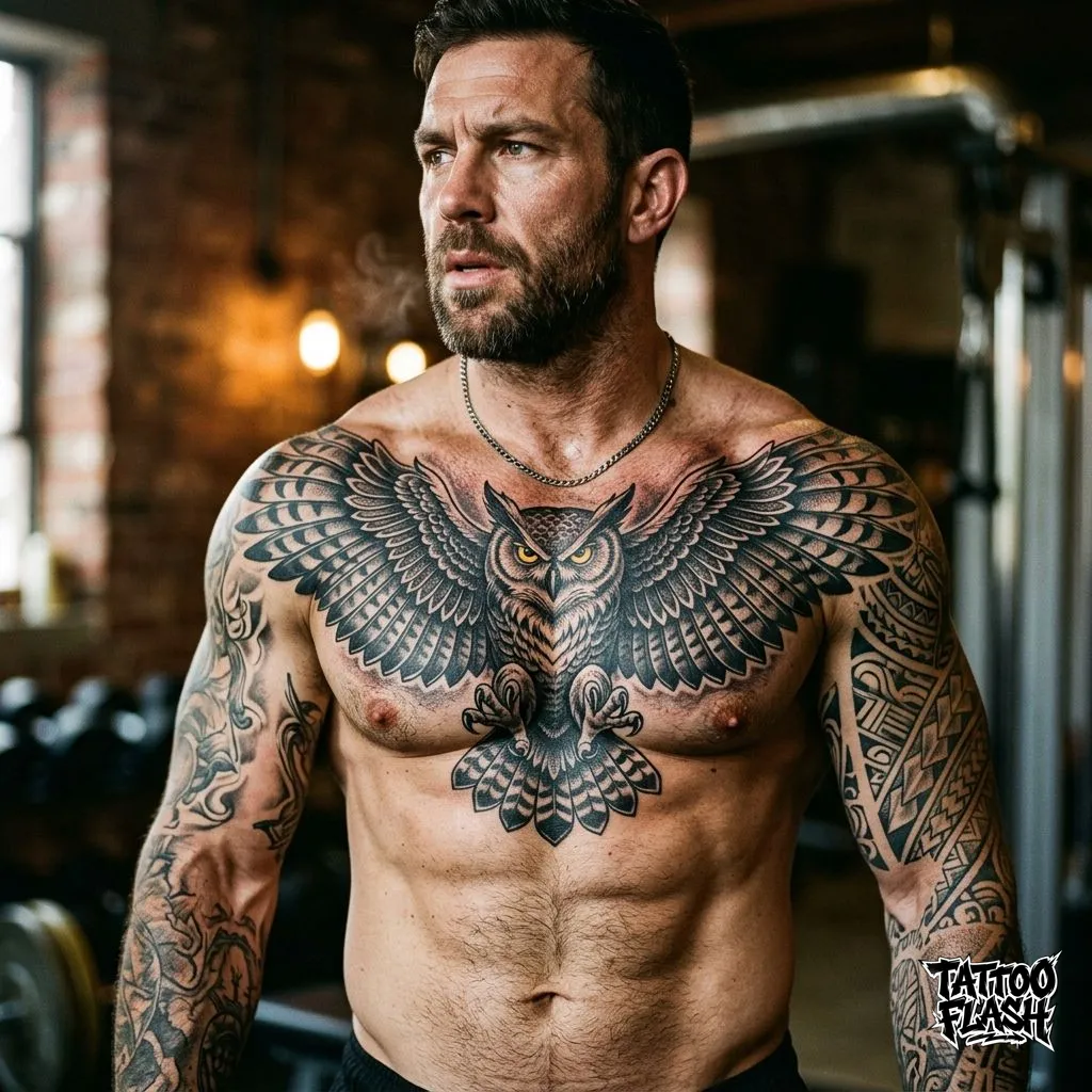 An illustrative highly detailed owl with spreading wings tattooed across the full chest plate of a human.