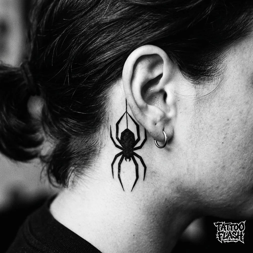 A dramatic solid geometric blackwork spider silhouette dropping downwards from behind the earlobe.