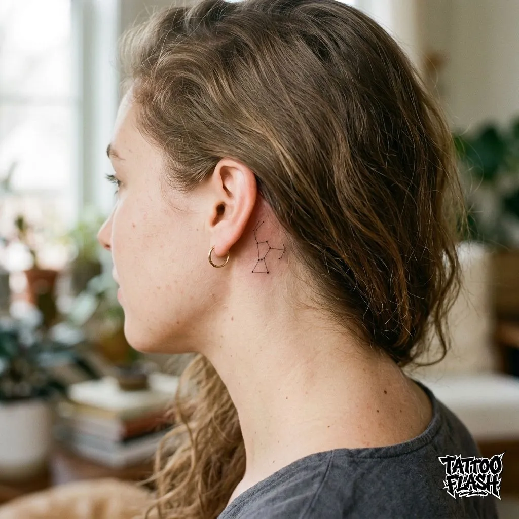 A delicate single-needle fine-line constellation of tiny stars tucked neatly behind the human ear.