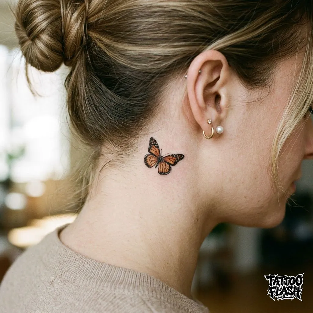 A tiny incredibly detailed micro-realism butterfly tattoo resting gently on the nape just behind the ear.