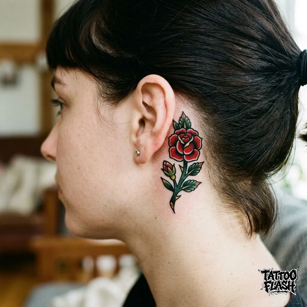 A bold american traditional small red rose tattoo with heavy dark outlines pushed high behind the ear.