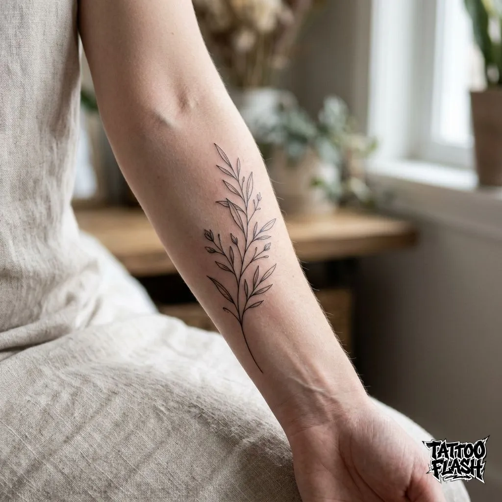 A highly detailed minimalist botanical stem tattoo cleanly resting on an inner forearm canvas.